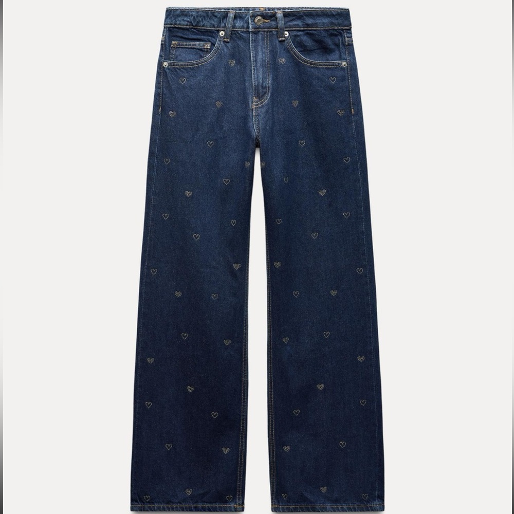 Zara mid waist TRF wide leg rhinestone heart Jean